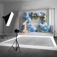 Aperturee - Aperturee Blue and White Balloons First Birthday Photography Backdrop Elegant Floral Arch Baby Shower Decor