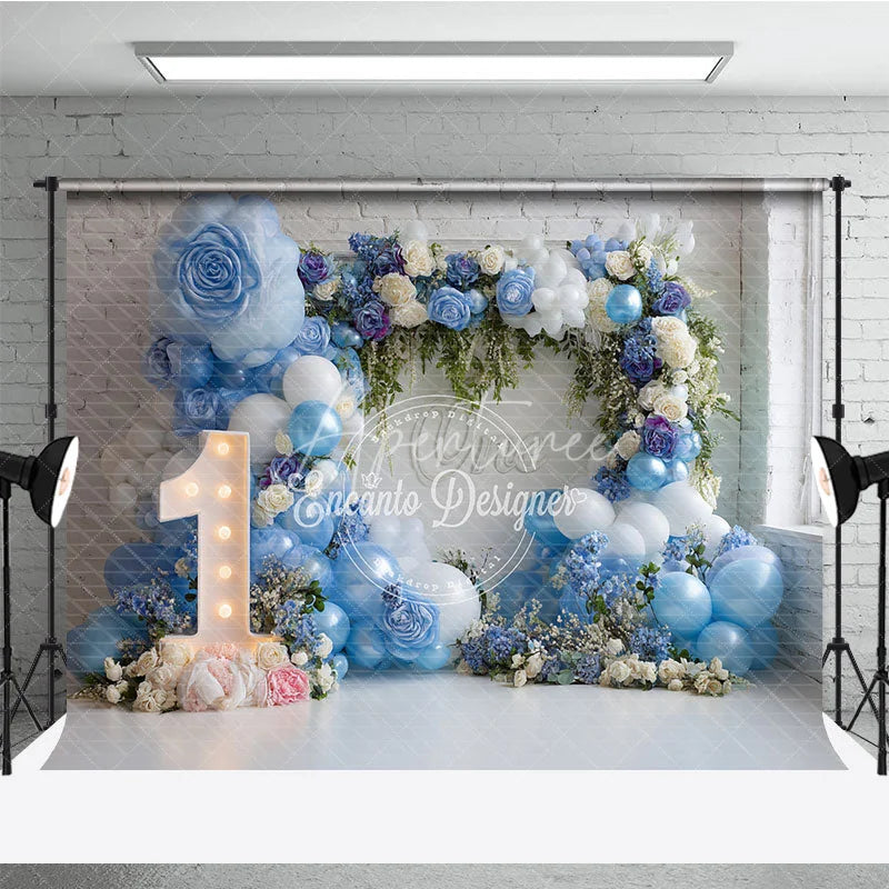 Aperturee - Aperturee Blue and White Balloons First Birthday Photography Backdrop Elegant Floral Arch Baby Shower Decor