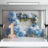 Aperturee - Aperturee Blue and White Balloons First Birthday Photography Backdrop Elegant Floral Arch Baby Shower Decor