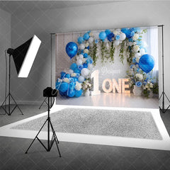 Aperturee - Aperturee Blue and White Balloons First Birthday Photography Backdrop Elegant Rose and Greenery ONE Party Decor
