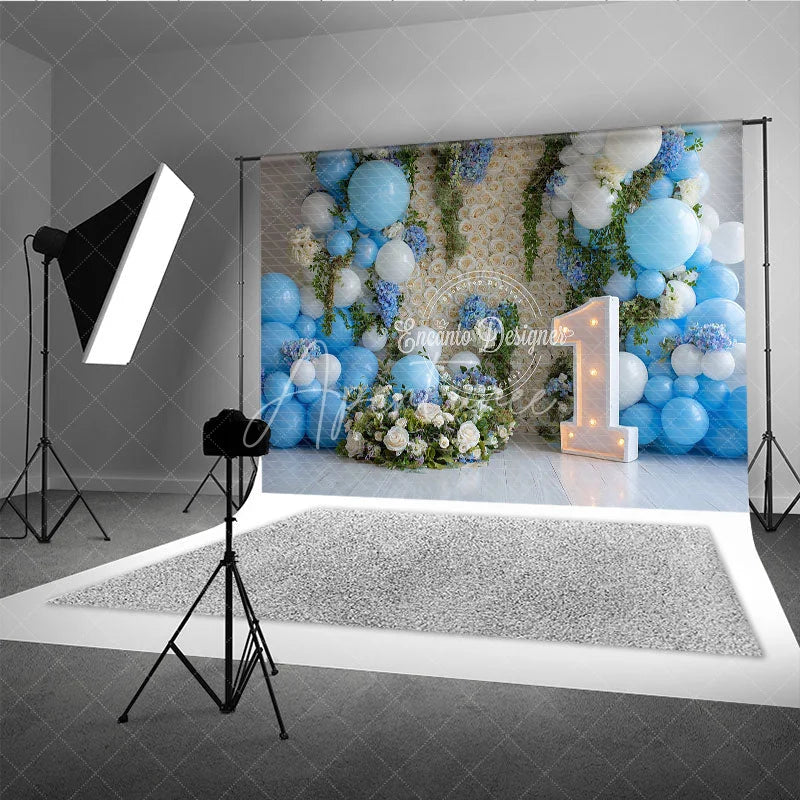 Aperturee - Aperturee Blue and White Balloons Rose Wall First Birthday Photography Backdrop Elegant Baby Shower Party Decor