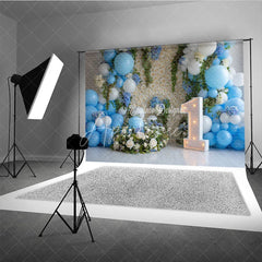 Aperturee - Aperturee Blue and White Balloons Rose Wall First Birthday Photography Backdrop Elegant Baby Shower Party Decor