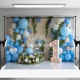 Aperturee - Aperturee Blue and White Balloons Rose Wall First Birthday Photography Backdrop Elegant Baby Shower Party Decor