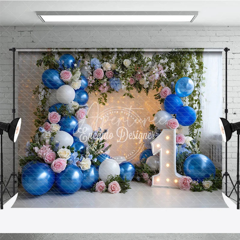 Aperturee - Aperturee Blue and White Balloons with Pink Roses First Birthday Photography Backdrop Elegant Fairy Lights Decor