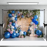 Aperturee - Aperturee Blue and White Balloons with Pink Roses First Birthday Photography Backdrop Elegant Fairy Lights Decor