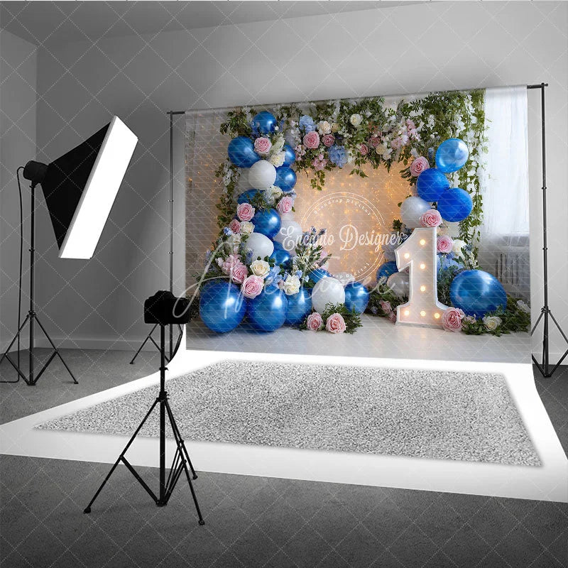 Aperturee - Aperturee Blue and White Balloons with Pink Roses First Birthday Photography Backdrop Elegant Fairy Lights Decor