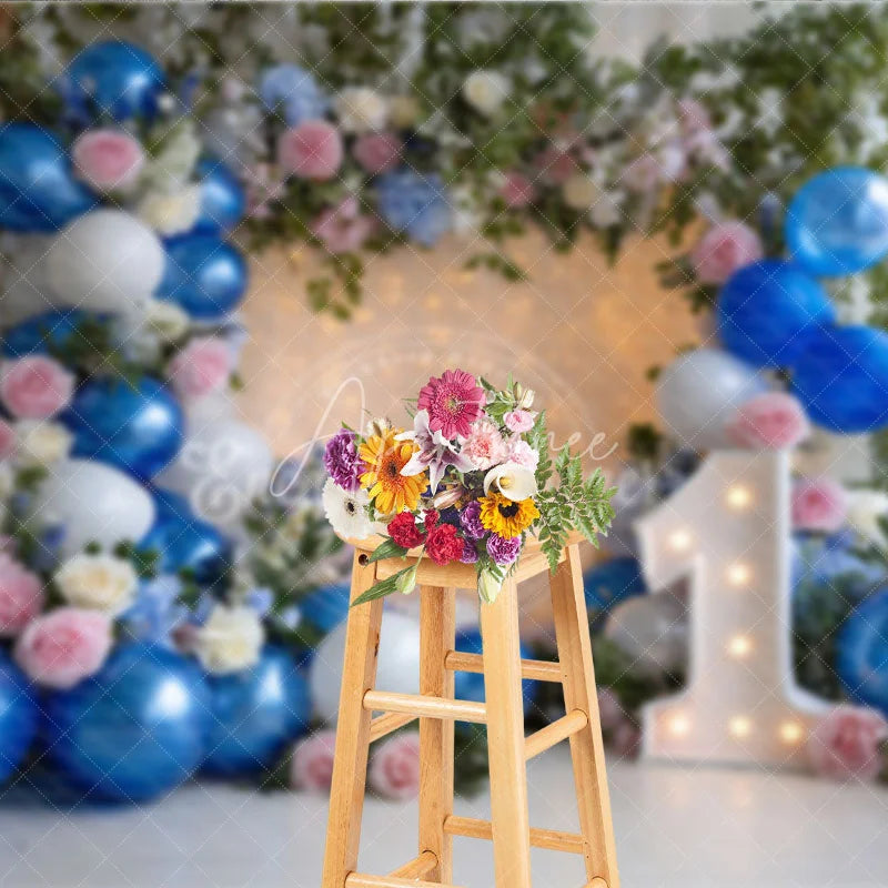 Aperturee - Aperturee Blue and White Balloons with Pink Roses First Birthday Photography Backdrop Elegant Fairy Lights Decor