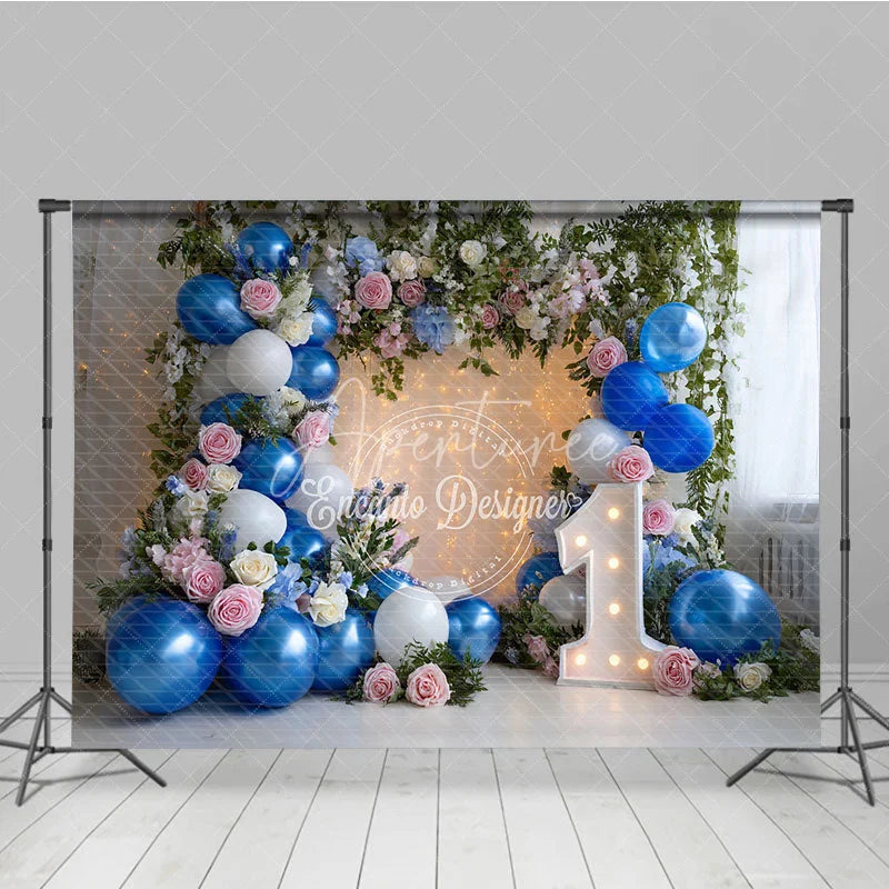 Aperturee - Aperturee Blue and White Balloons with Pink Roses First Birthday Photography Backdrop Elegant Fairy Lights Decor
