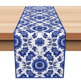 Aperturee - Aperturee Blue and White Chinoiserie Floral Table Runner Elegant Vintage Botanical Print Grandmillennial Decor