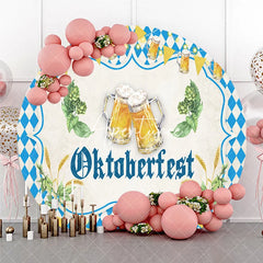 Aperturee - Aperturee Blue and White Diamond Pattern Oktoberfest Beer Steins Round Backdrop with Hops and Wheat Festive Bavarian Party