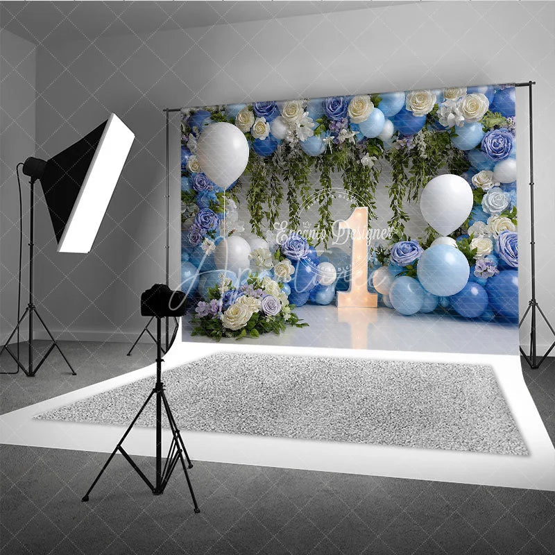 Aperturee - Aperturee Blue and White Floral Balloon First Birthday Photography Backdrop Elegant Baby Shower Party Decor