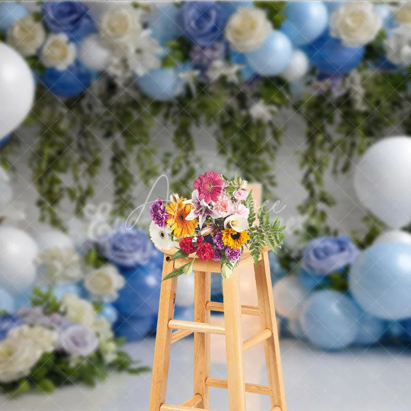 Aperturee - Aperturee Blue and White Floral Balloon First Birthday Photography Backdrop Elegant Baby Shower Party Decor