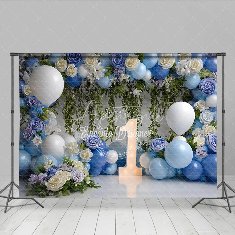 Aperturee - Aperturee Blue and White Floral Balloon First Birthday Photography Backdrop Elegant Baby Shower Party Decor