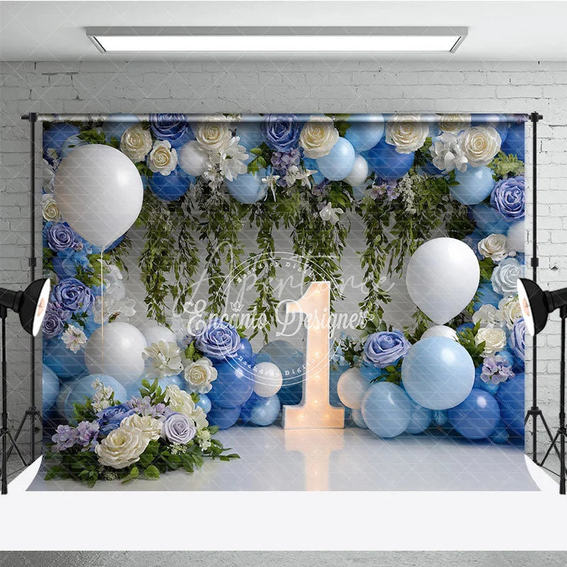 Aperturee - Aperturee Blue and White Floral Balloon First Birthday Photography Backdrop Elegant Baby Shower Party Decor