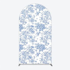 Aperturee - Aperturee Blue and White Floral Botanical Round Top Arch Backdrop Vintage Toile de Jouy Pattern for Elegant Events