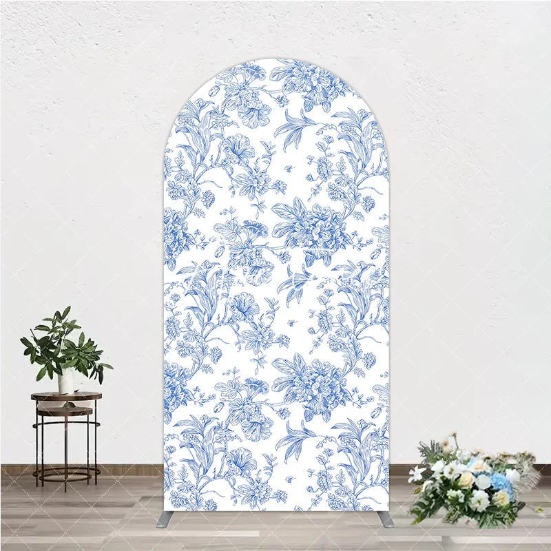 Aperturee - Aperturee Blue and White Floral Botanical Round Top Arch Backdrop Vintage Toile de Jouy Pattern for Elegant Events