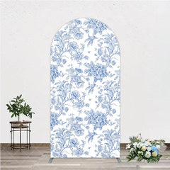 Aperturee - Aperturee Blue and White Floral Botanical Round Top Arch Backdrop Vintage Toile de Jouy Pattern for Elegant Events
