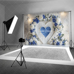 Aperturee - Aperturee Blue and White Floral Heart Arch Photography Backdrop Elegant Wedding Ceremony Valentine’s Day Photo Background
