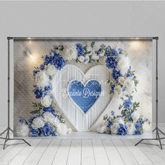 Aperturee - Aperturee Blue and White Floral Heart Arch Photography Backdrop Elegant Wedding Ceremony Valentine’s Day Photo Background