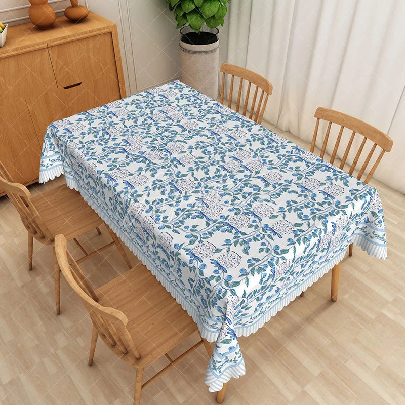 Aperturee - Aperturee Blue and White Floral Rectangle Tablecloth with Stripe Border for French Country and Farmhouse Decor