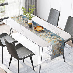 Aperturee - Aperturee Blue and White Floral Table Runner in an Oil Painting Style Classic Chinoiserie Kitchen or Dining Room Decor