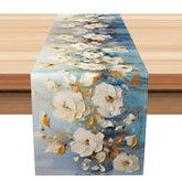 Aperturee - Aperturee Blue and White Floral Table Runner in an Oil Painting Style Classic Chinoiserie Kitchen or Dining Room Decor