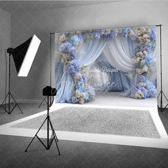 Aperturee - Aperturee Blue and White Floral Wedding Backdrop Sheer Drapes Arch Hydrangea Rose Photo Background for Bridal Shower