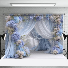 Aperturee - Aperturee Blue and White Floral Wedding Backdrop Sheer Drapes Arch Hydrangea Rose Photo Background for Bridal Shower