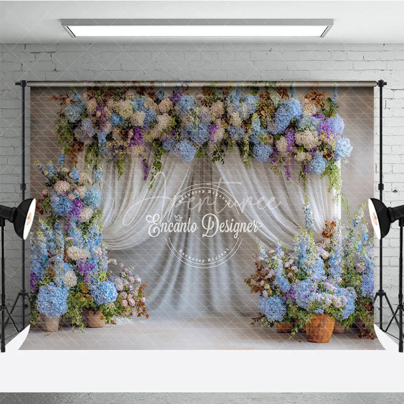 Aperturee - Aperturee Blue and White Floral Wedding Backdrop Sheer White Curtains Arch Hydrangea Photo Background for Bridal Shower