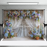Aperturee - Aperturee Blue and White Floral Wedding Backdrop Sheer White Curtains Arch Hydrangea Photo Background for Bridal Shower