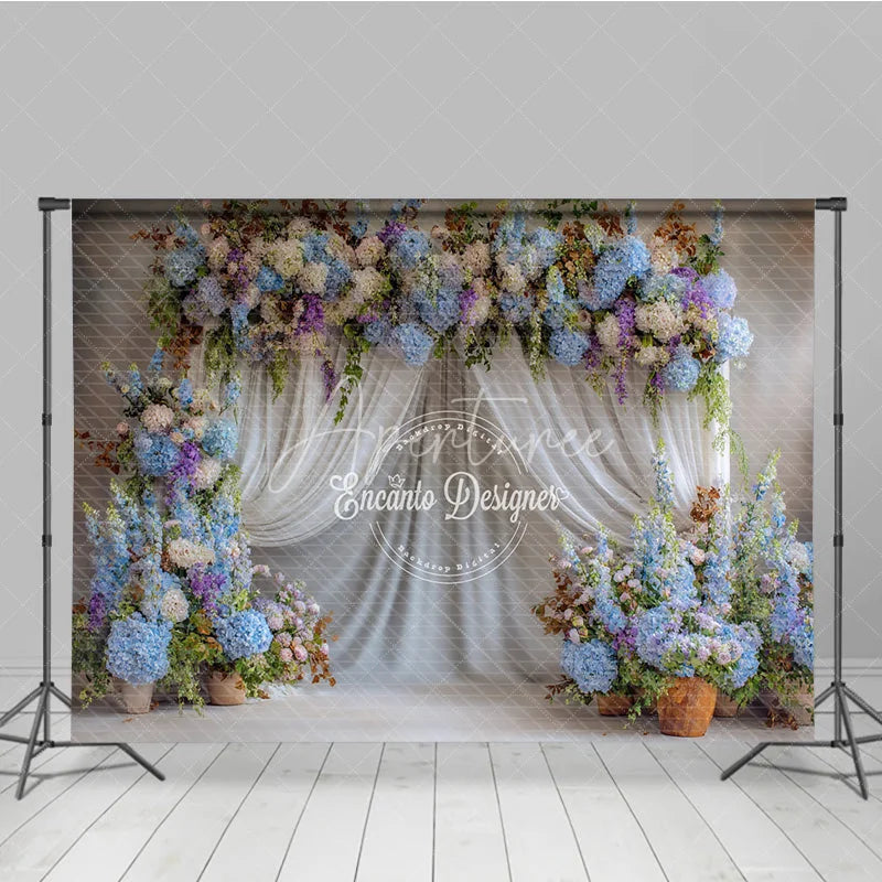 Aperturee - Aperturee Blue and White Floral Wedding Backdrop Sheer White Curtains Arch Hydrangea Photo Background for Bridal Shower