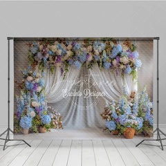 Aperturee - Aperturee Blue and White Floral Wedding Backdrop Sheer White Curtains Arch Hydrangea Photo Background for Bridal Shower