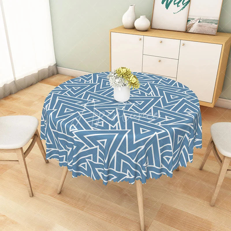 Aperturee - Aperturee Blue and White Geometric Triangle Round Tablecloth Modern Abstract Style Dining Decor