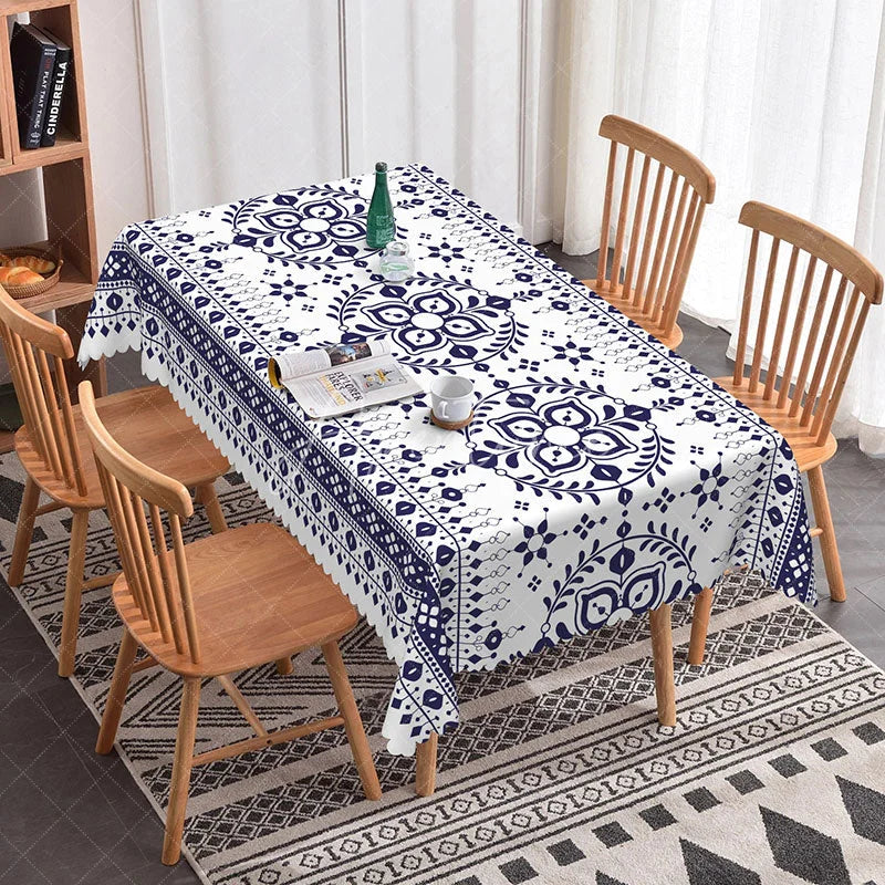 Aperturee - Aperturee Blue and White Mediterranean Style Geometric Rectangle Tablecloth Elegant Scalloped Edge Decor