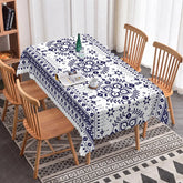 Aperturee - Aperturee Blue and White Mediterranean Style Geometric Rectangle Tablecloth Elegant Scalloped Edge Decor