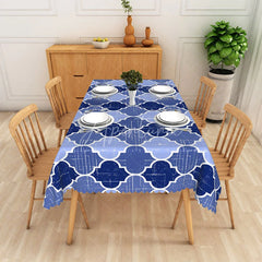Aperturee - Aperturee Blue and White Moroccan Quatrefoil Rectangle Tablecloth Elegant Geometric Dining Decor with Scalloped Edge
