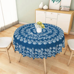 Aperturee - Aperturee Blue and White Rose Mandala Round Tablecloth Mediterranean Style Floral Table Cover for Party