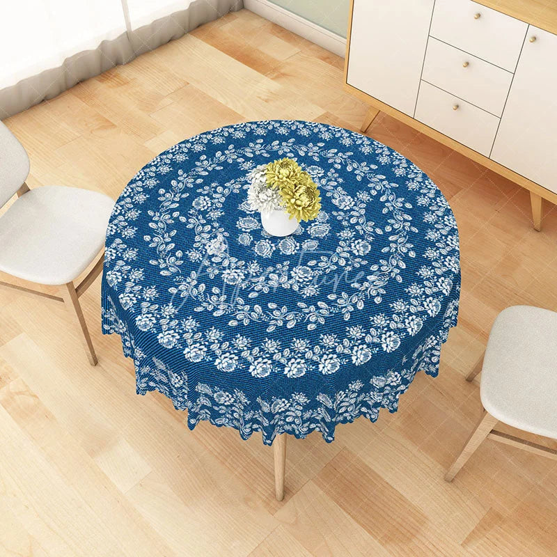 Aperturee - Aperturee Blue and White Rose Mandala Round Tablecloth Mediterranean Style Floral Table Cover for Party