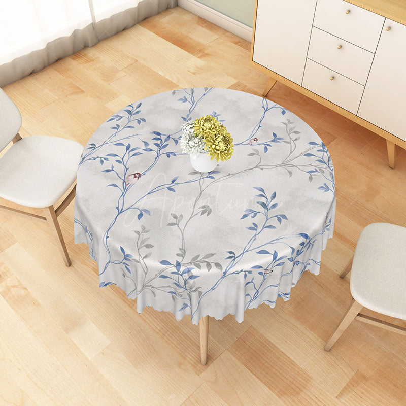 Aperturee - Aperturee Blue and White Round Tablecloth with Floral and Bird Pattern for French Country and Chinoiserie Decor