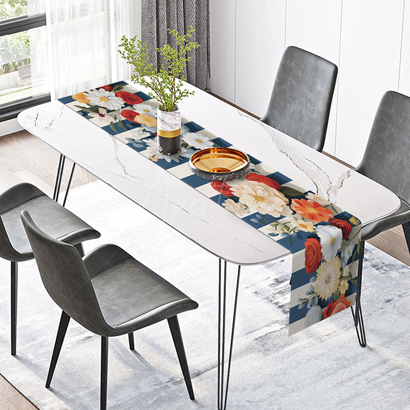Aperturee - Aperturee Blue and White Stripe Table Runner with Spring Flowers Fresh Nautical and Floral Kitchen Decor for Summer