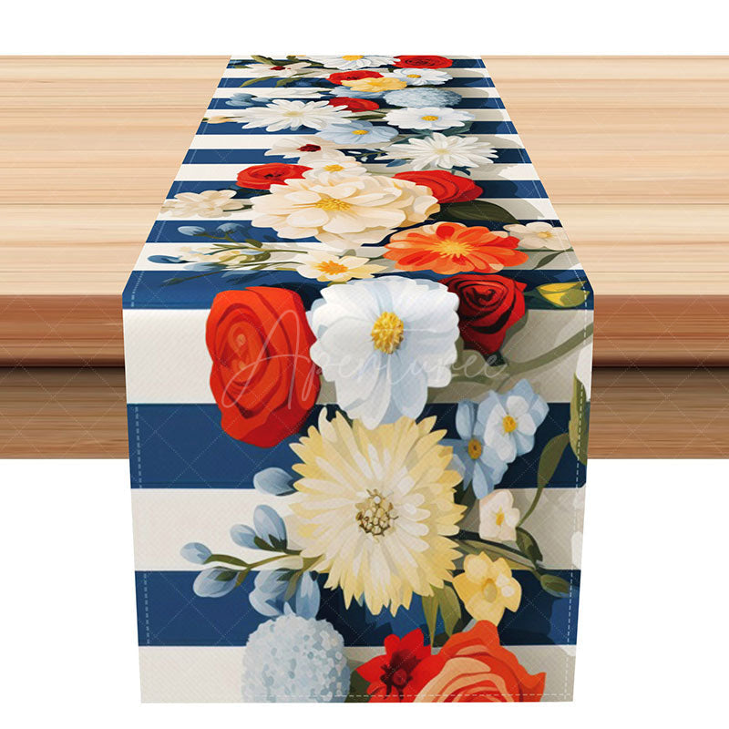 Aperturee - Aperturee Blue and White Stripe Table Runner with Spring Flowers Fresh Nautical and Floral Kitchen Decor for Summer