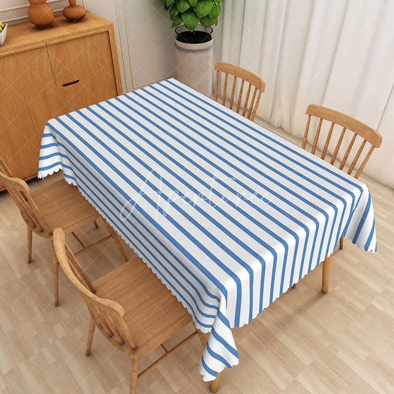 Aperturee - Aperturee Blue and White Striped Rectangle Tablecloth Classic Vertical Stripe Table Cover Summer Nautical Picnic Decor