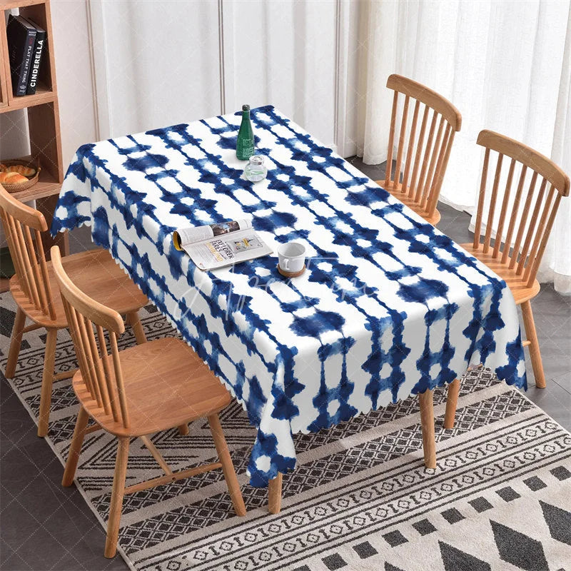 Aperturee - Aperturee Blue and White Tie Dye Pattern Rectangle Tablecloth Scalloped Edge Home Dining Decor
