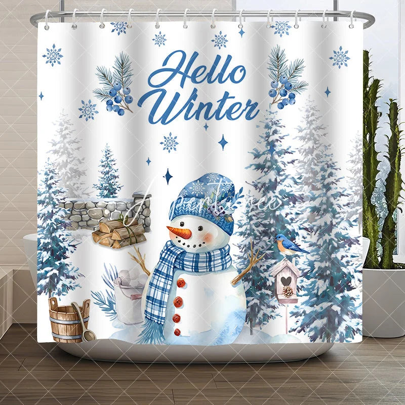 Aperturee - Aperturee Blue and White Watercolor Snowman Hello Winter Shower Curtain Snowy Pine Trees and Winter Berries Decor.