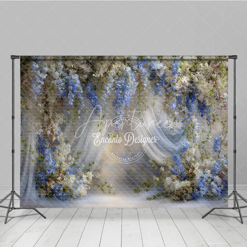 Aperturee - Aperturee Blue and White Wisteria Floral Backdrop Sheer Curtains Wedding Background Elegant Bridal Shower Photo Props