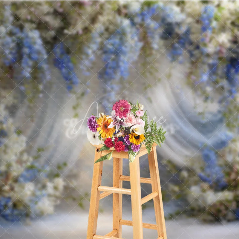 Aperturee - Aperturee Blue and White Wisteria Floral Backdrop Sheer Curtains Wedding Background Elegant Bridal Shower Photo Props