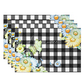 Aperturee - Aperturee Blue and Yellow Floral on Black Plaid Set of 4 Placemats for Farmhouse Country Kitchen Dining Table