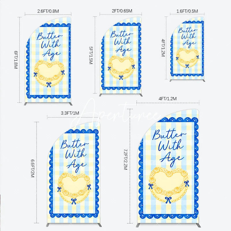 Aperturee - Aperturee Blue and Yellow Gingham Half Moon Arch Backdrop with Scalloped Border Butter With Age Heart Design Birthday Party