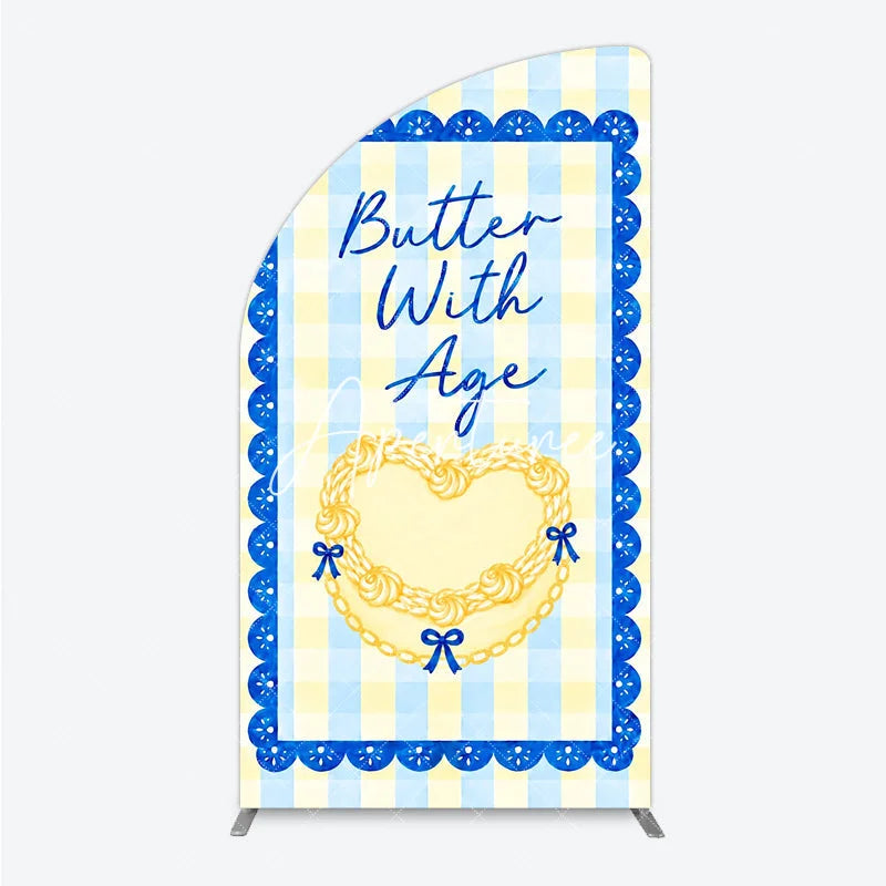 Aperturee - Aperturee Blue and Yellow Gingham Half Moon Arch Backdrop with Scalloped Border Butter With Age Heart Design Birthday Party