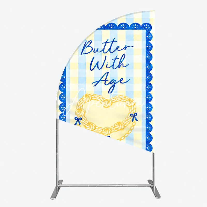 Aperturee - Aperturee Blue and Yellow Gingham Half Moon Arch Backdrop with Scalloped Border Butter With Age Heart Design Birthday Party